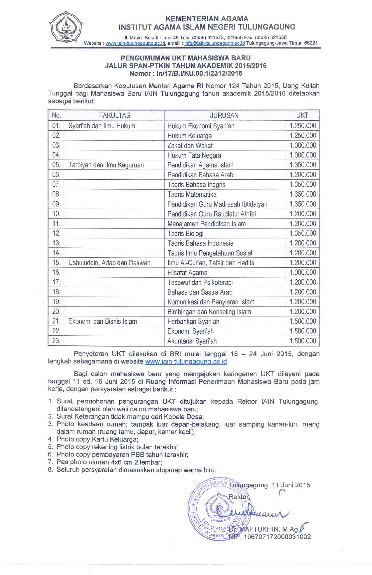 PENGUMUMAN BESARAN UANG KULIAH TUNGGAL (UKT) UNTUK MAHASISWA BARU ANGKATAN 2015