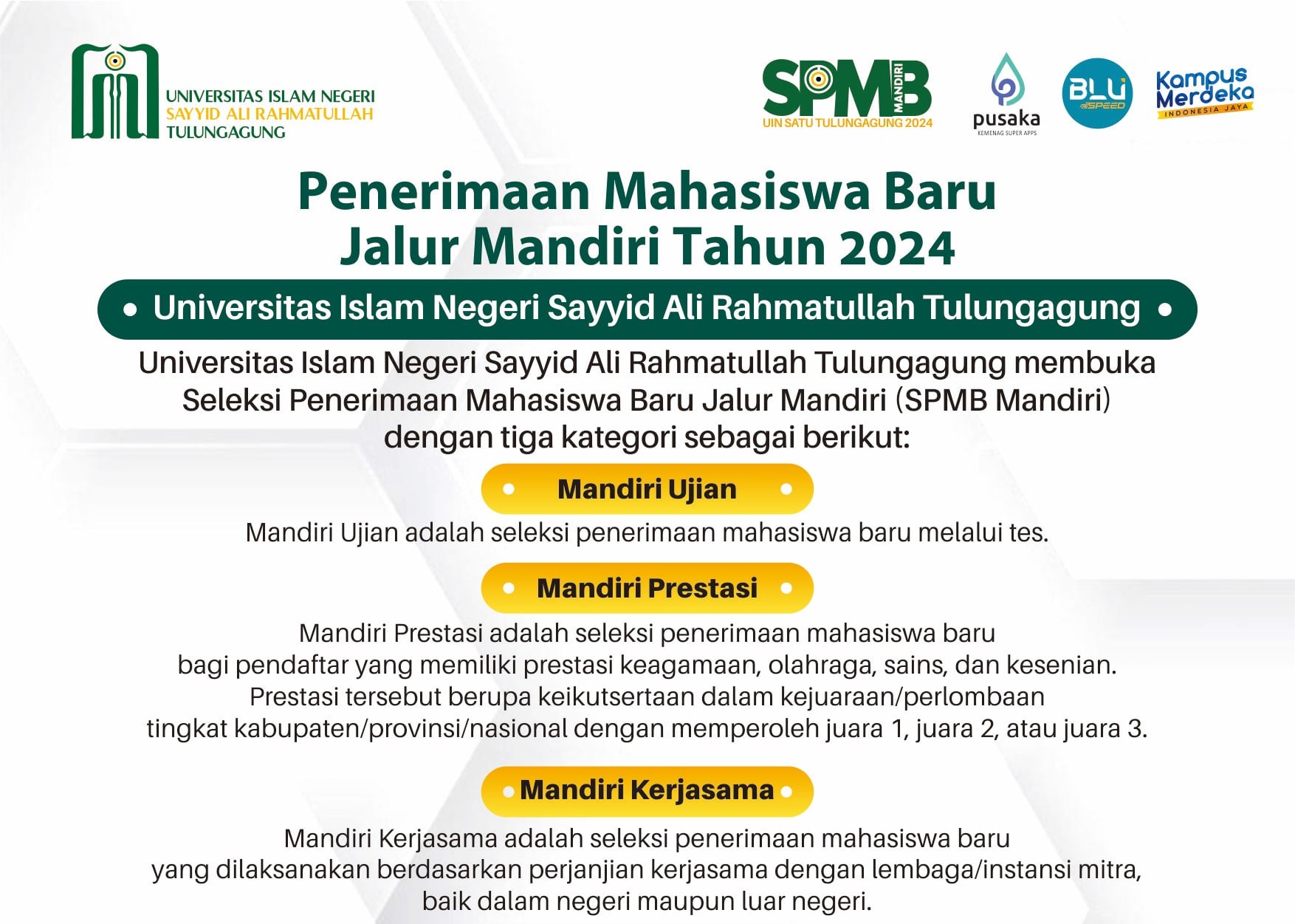 Pengumuman Pendaftaran Mahasiswa Baru Universitas Islam Negeri Sayyid Ali Rahmatullah Tulungagung Jalur Mandiri Tahun 2024 1 brosur spmb mandiri 2024 featured