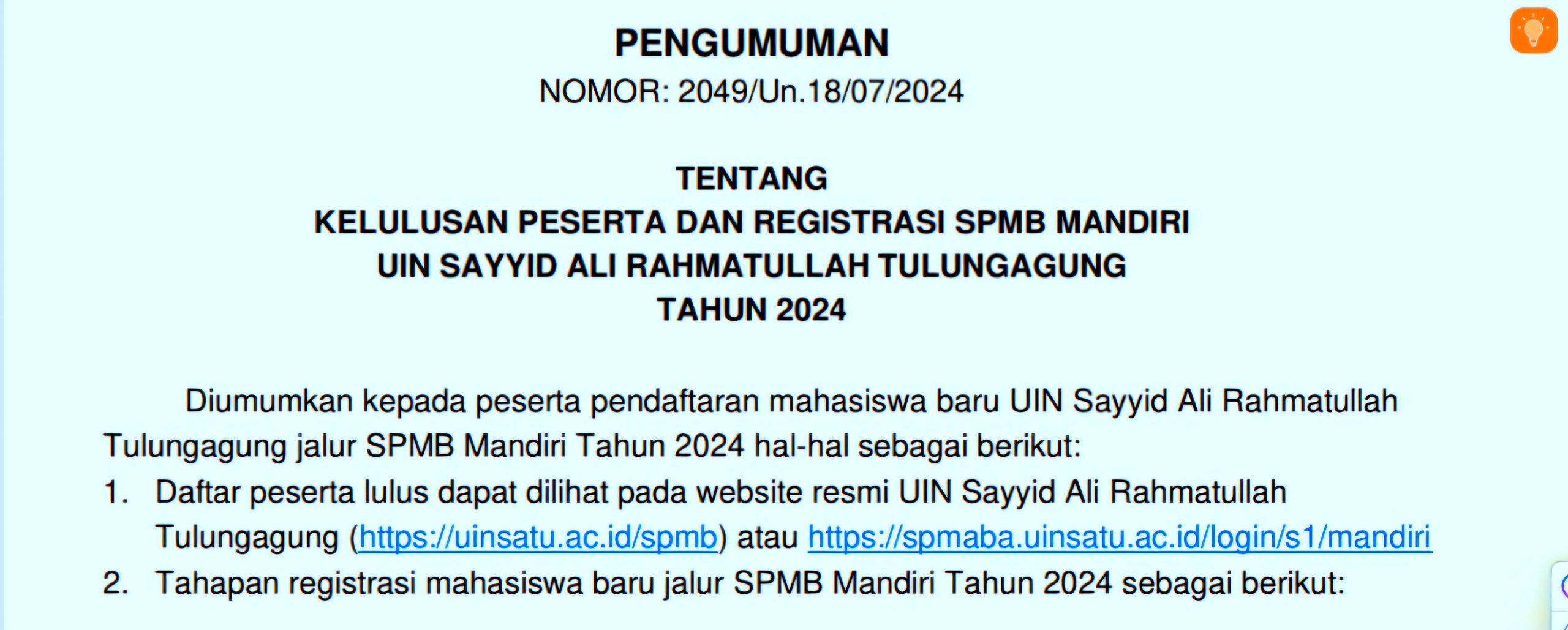 Pengumuman Kelulusan dan Registrasi Calon Mahasiswa Baru UIN Sayyid Ali Rahmatullah Tulungagung Jalur Mandiri Tahun 2024