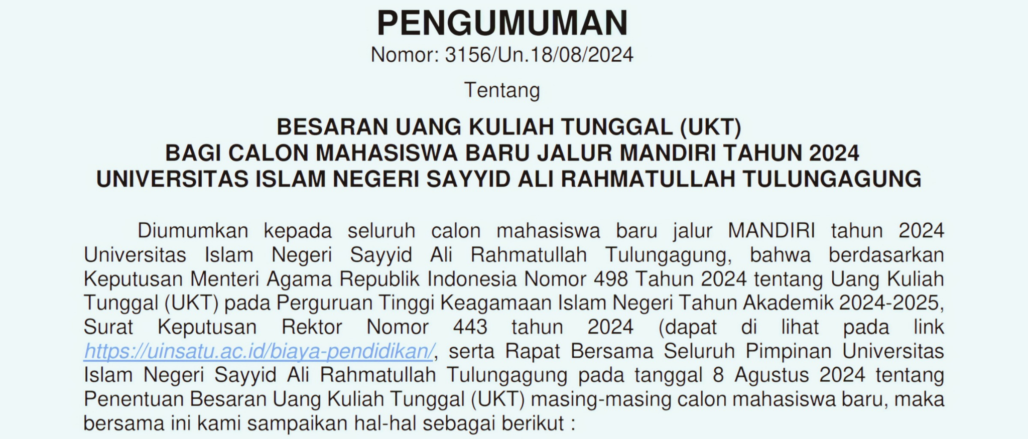 Pengumuman Besaran dan Pembayaran UKT Camaba Jalur Mandiri Tahun 2024 UIN Sayyid Ali Rahmatullah Tulungagung