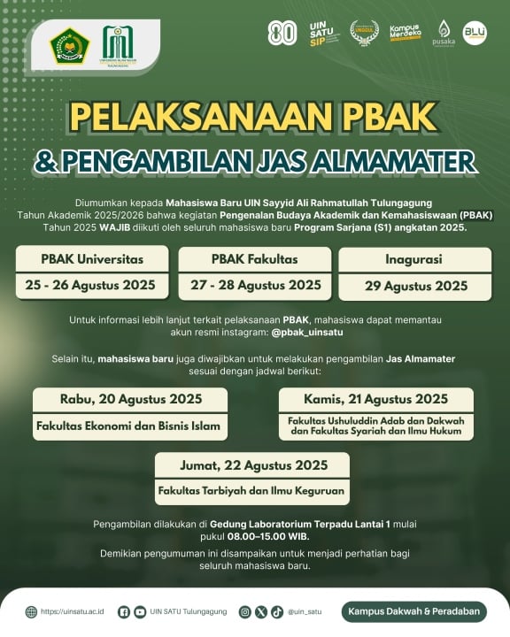 Pengumuman Pelaksanaan PBAK dan Pengambilan Jas Almamater Mahasiswa Baru UIN SATU Tulungagung Tahun 2025