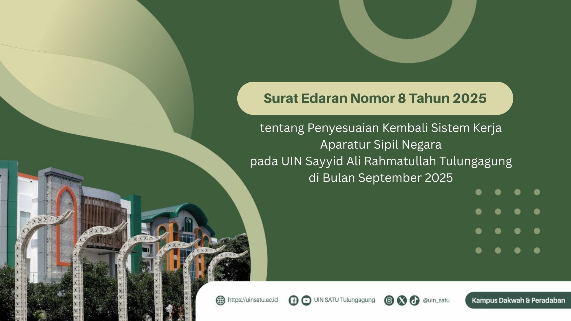 Surat Edaran Nomor 8 Tahun 2025 tentang Penyesuaian Kembali Sistem Kerja Aparatur Sipil Negara pada UIN Sayyid Ali Rahmatullah Tulungagung di Bulan September 2025
