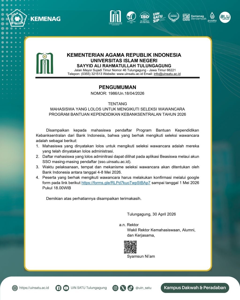 Pengumuman Seleksi Wawancara Program Bantuan Kependidikan Kebanksentralan Tahun 2026